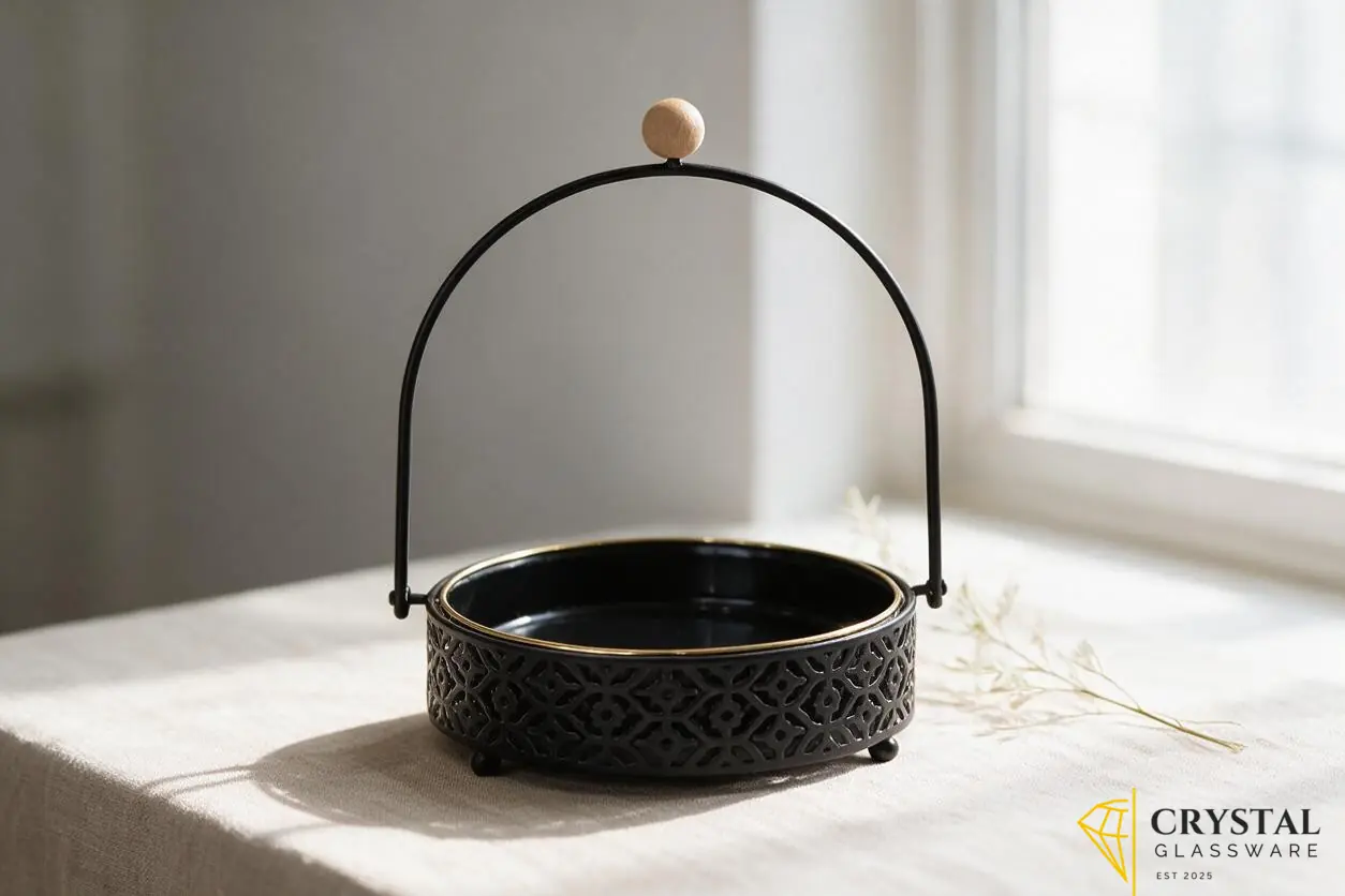 Black elegant serving platter with integrated stand